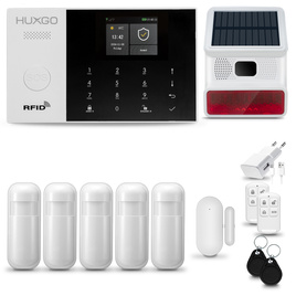 HUXGO® HXA005 - Sistema de seguridad inalámbrico WiFi + GSM con 5x detector de movimiento y 1x sensor para puerta / ventana con sirena inalámbrica | Kit de sistema de alarma para el hogar con App TUYA