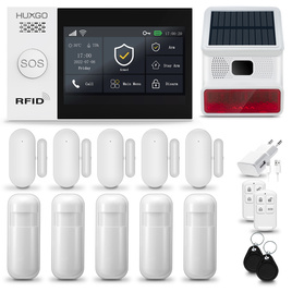 HUXGO® HXA007 - Système de sécurité sans fil Wi-Fi + GSM 4G LTE avec 5x Détecteur de Mouvement & 5x Détecteur pour porte et fenêtre avec Sirène sans fil | Système d'alarme domestique avec l'application TUYA