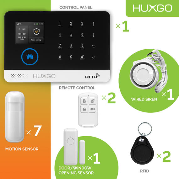 HUXGO® HXA003 - Sistema de seguridad inalámbrico WiFi + GSM 4G LTE con 7x detector de movimiento y 1x sensor para puerta / ventana | KIT de sistema de alarma para el hogar con App TUYA
