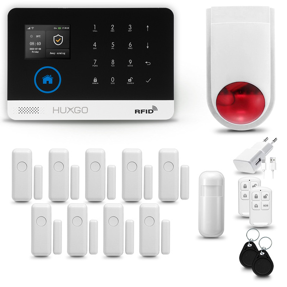 HUXGO® HXA003 - Wireless security system WiFi + GSM with 1x Motion Detector & 9x Door / window sensor with Wireless Siren | Home Alarm System SET with App TUYA