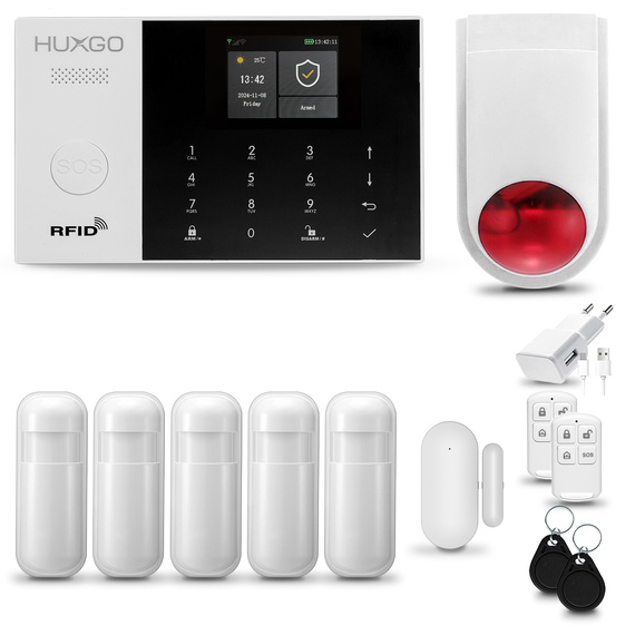 HUXGO® HXA005 - Sistema de seguridad inalámbrico WiFi + GSM con 5x detector de movimiento y 1x sensor para puerta / ventana con sirena inalámbrica | Kit de sistema de alarma para el hogar con App TUYA