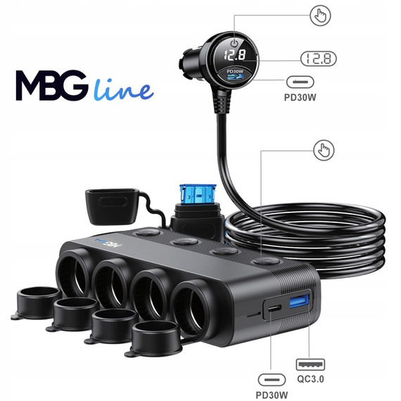 MBG line® HS75AD - 12V/24V Car Cigarette Lighter Splitter and USB Charger QC3.0 + Dual USB-C PD30W