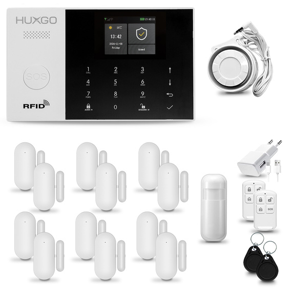 HUXGO® HXA005 - Système de sécurité sans fil Wi-Fi + GSM avec 1x Détecteur de Mouvement & 12x Détecteur pour porte et fenêtre |  Système d'alarme domestique avec l'application TUYA