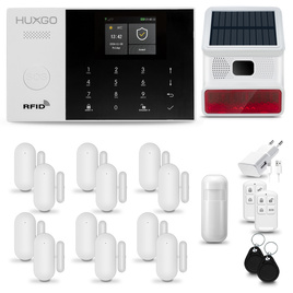 HUXGO® HXA005 - Sistema de seguridad inalámbrico WiFi + GSM 4G LTE con 1x detector de movimiento y 12x sensor para puerta / ventana con sirena inalámbrica | Kit de sistema de alarma para el hogar con App TUYA