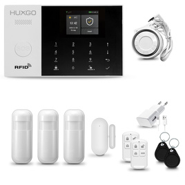 HUXGO® HXA005 - Sistema de seguridad inalámbrico WiFi + GSM con 3x detector de movimiento y 1x sensor para puerta / ventana | KIT de sistema de alarma para el hogar con App TUYA