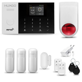 HUXGO® HXA005 - Sistema de seguridad inalámbrico WiFi + GSM 4G LTE con 3x detector de movimiento y 1x sensor para puerta / ventana con sirena inalámbrica | Kit de sistema de alarma para el hogar con App TUYA