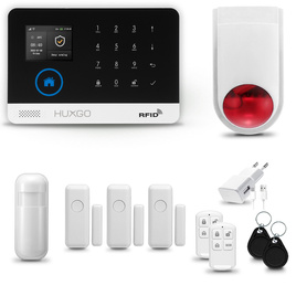 HUXGO® HXA003 - Funk Alarmanlage System WiFi + GSM mit 1x Bewegungsmelder PIR & 3x Fenster und Türsensor sensor mit Drahtlose Alarmsirene | Kabellose Alarmanlage SET mit TUYA App