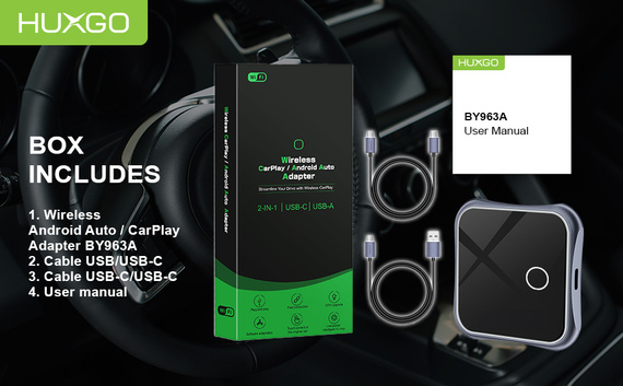HUXGO® Wireless Adapter 2-in-1 CarPlay and Android Car compatible with Apple and Android Devices