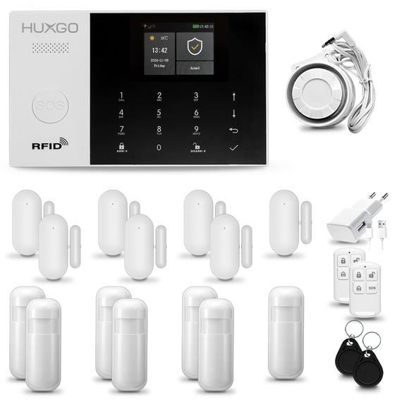 HUXGO® HXA005 - Sistema di allarme wireless WiFi + GSM 4G LTE con 7x Rilevatore di movimento & 7x Sensore per porte e finestre | Allarme casa senza fili Kit con app TUYA