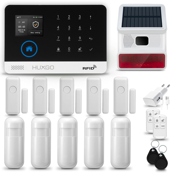 HUXGO® HXA003 - Sistema di allarme wireless WiFi + GSM 4G LTE con 5x Rilevatore di movimento & 5x Sensore per porte e finestre con Sirena senza fili | Allarme casa senza fili Kit con app TUYA