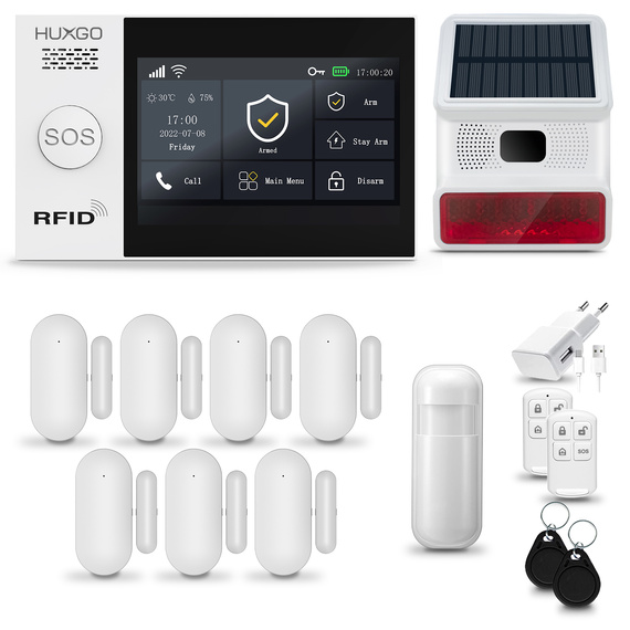 HUXGO® HXA007 - Sistema di allarme wireless WiFi + GSM 4G LTE con 1x Rilevatore di movimento & 7x Sensore per porte e finestre con Sirena senza fili | Allarme casa senza fili Kit con app TUYA