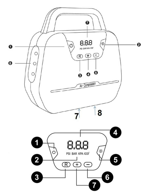 MBG line® Air Pump Car 1866 - Compresseur de voiture 12 V avec écran numérique, lumière LED et set d'adaptateurs
