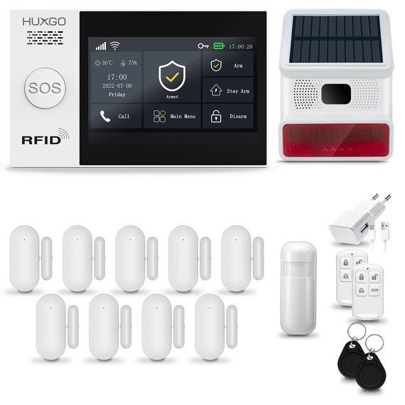 HUXGO® HXA007 - Wireless security system WiFi + GSM 4G LTE with 1x Motion Detector & 9x Door / window sensor with Wireless Siren | Home Alarm System SET with App TUYA
