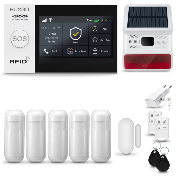 HUXGO® HXA007 - Wireless security system WiFi + GSM 4G LTE with 5x Motion Detector & 1x Door / window sensor with Wireless Siren | Home Alarm System SET with App TUYA