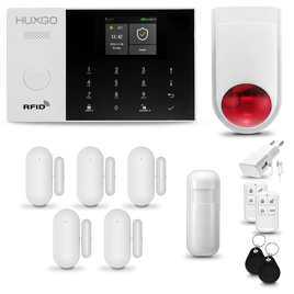 HUXGO® HXA005 - Funk Alarmanlage System WiFi + GSM mit 1x Bewegungsmelder PIR & 5x Fenster und Türsensor sensor mit Drahtlose Alarmsirene | Kabellose Alarmanlage SET mit TUYA App