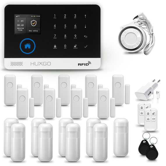 HUXGO® HXA003 - Sistema di allarme wireless WiFi + GSM 4G LTE con 9x Rilevatore di movimento & 9x Sensore per porte e finestre | Allarme casa senza fili Kit con app TUYA