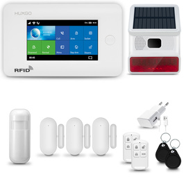 HUXGO® HXA006 - Système de sécurité sans fil Wi-Fi + GSM 4G avec 1x Détecteur de Mouvement & 3x Détecteur pour porte et fenêtre avec Sirène sans fil | Système d'alarme domestique avec l'application TUYA