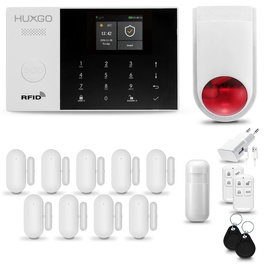 HUXGO® HXA005 - Sistema de seguridad inalámbrico WiFi + GSM con 1x detector de movimiento y 9x sensor para puerta / ventana con sirena inalámbrica | Kit de sistema de alarma para el hogar con App TUYA