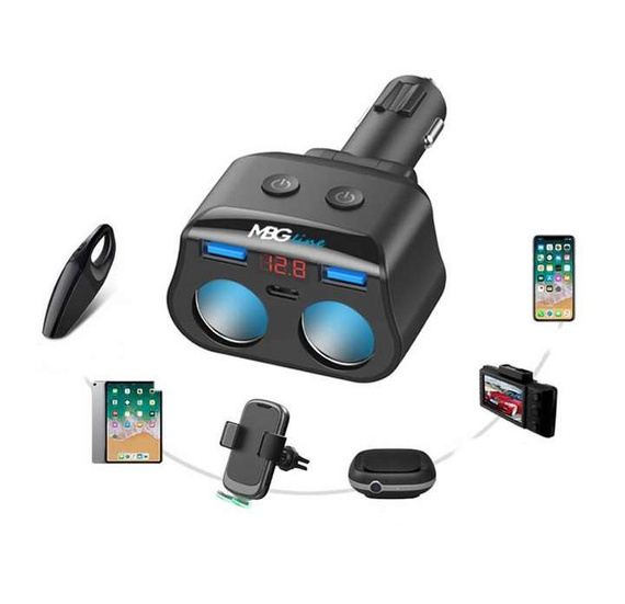 MBG line® HC69PD - Divisor de enchufe para encendedor de cigarrillos con voltímetro y cargador 2 x USB QC3.0