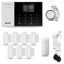 HUXGO® HXA005 - Sistema de seguridad inalámbrico WiFi + GSM 4G LTE con 1x detector de movimiento y 7x sensor para puerta / ventana | KIT de sistema de alarma para el hogar con App TUYA
