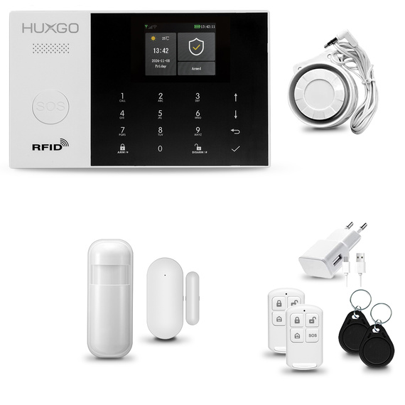 HUXGO® HXA005 - Sistema de seguridad inalámbrico WiFi + GSM con 1x detector de movimiento y 1x sensor para puerta / ventana | KIT de sistema de alarma para el hogar con App TUYA