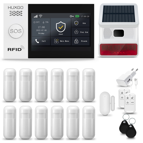 HUXGO® HXA007 - Wireless security system WiFi + GSM 4G LTE with 12x Motion Detector & 1x Door / window sensor with Wireless Siren | Home Alarm System SET with App TUYA