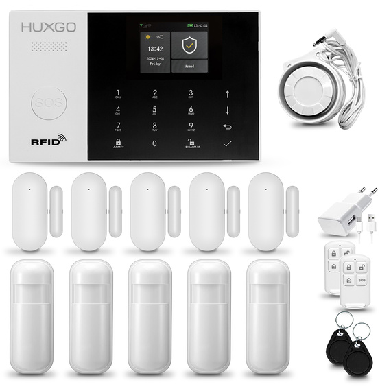 HUXGO® HXA005 - Sistema di allarme wireless WiFi + GSM con 5x Rilevatore di movimento & 5x Sensore per porte e finestre | Allarme casa senza fili Kit con app TUYA