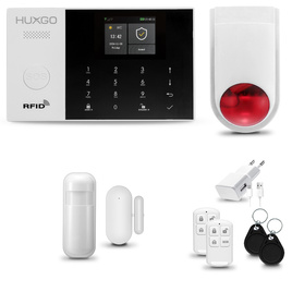 HUXGO® HXA005 - Sistema de seguridad inalámbrico WiFi + GSM con 1x detector de movimiento y 1x sensor para puerta / ventana con sirena inalámbrica | Kit de sistema de alarma para el hogar con App TUYA