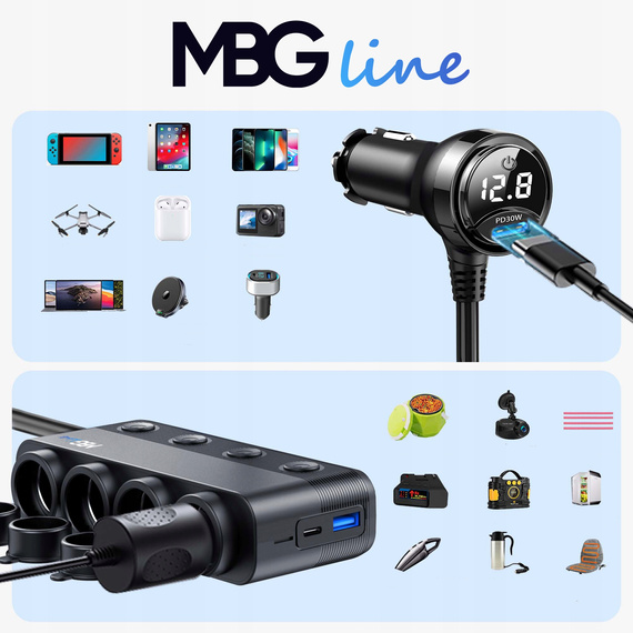 MBG line® HS75AD - 12V/24V Car Cigarette Lighter Splitter and USB Charger QC3.0 + Dual USB-C PD30W