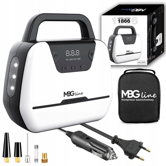 MBG line® Air Pump Car 1866 - Compresseur de voiture 12 V avec écran numérique, lumière LED et set d'adaptateurs