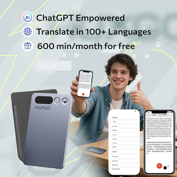 HUXGO® FW920E – Registratore vocale AI intelligente con trascrizione e traduzione in tempo reale
