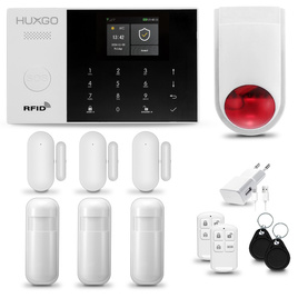 HUXGO® HXA005 - Sistema de seguridad inalámbrico WiFi + GSM con 3x detector de movimiento y 3x sensor para puerta / ventana con sirena inalámbrica | Kit de sistema de alarma para el hogar con App TUYA
