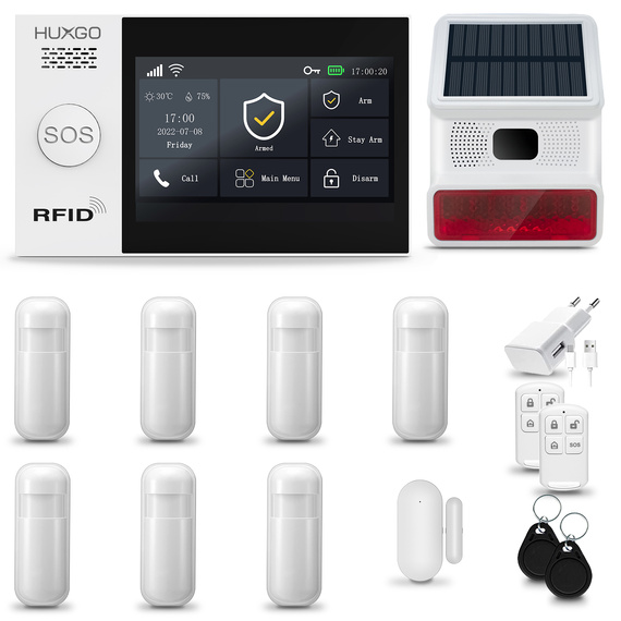 HUXGO® HXA007 - Sistema de seguridad inalámbrico WiFi + GSM 4G LTE con 7x detector de movimiento y 1x sensor para puerta / ventana con sirena inalámbrica | Kit de sistema de alarma para el hogar con App TUYA