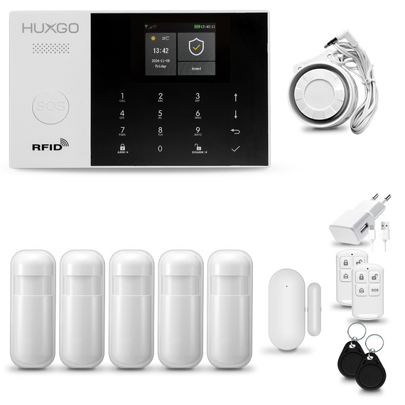 HUXGO® HXA005 - Funk Alarmanlage System WiFi + GSM mit 5x Bewegungsmelder PIR & 1x Fenster und Türsensor sensor | Kabellose Alarmanlage SET mit TUYA App