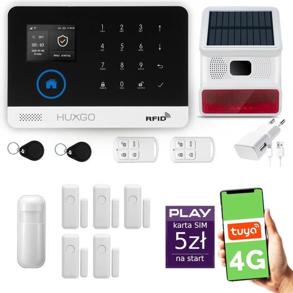 HUXGO® HXA003 - Funk Alarmanlage System WiFi + GSM 4G LTE mit 1x Bewegungsmelder PIR & 5x Fenster und Türsensor sensor mit Drahtlose Alarmsirene | Kabellose Alarmanlage SET mit TUYA App