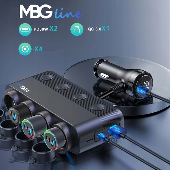MBG line® HS75AD - 12V/24V Car Cigarette Lighter Splitter and USB Charger QC3.0 + Dual USB-C PD30W