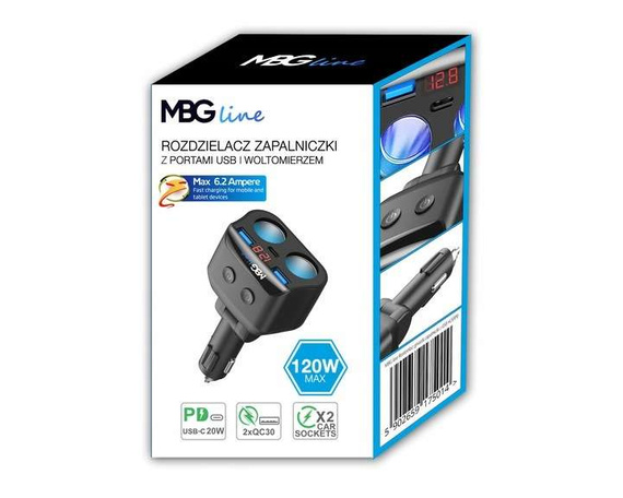 MBG line® HC69PD -  Cigarette lighter socket splitter Voltmeter Charger 2 x USB QC3.0