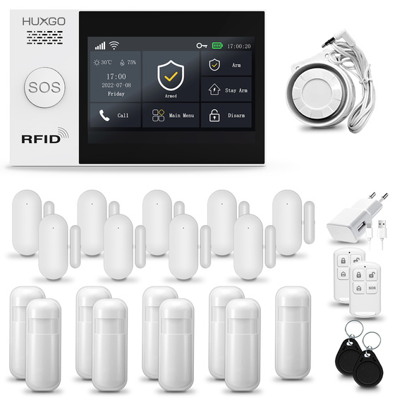 HUXGO® HXA007 - Wireless security system WiFi + GSM 4G LTE with 9x Motion Detector & 9x Door / window sensor with Wireless Siren | Home Alarm System SET with App TUYA