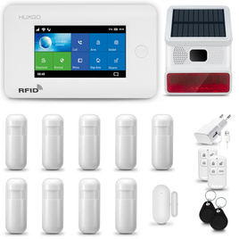 HUXGO® HXA006 - Sistema de seguridad inalámbrico WiFi + GSM 4G con 9x detector de movimiento y 1x sensor para puerta / ventana con sirena inalámbrica | Kit de sistema de alarma para el hogar con App TUYA