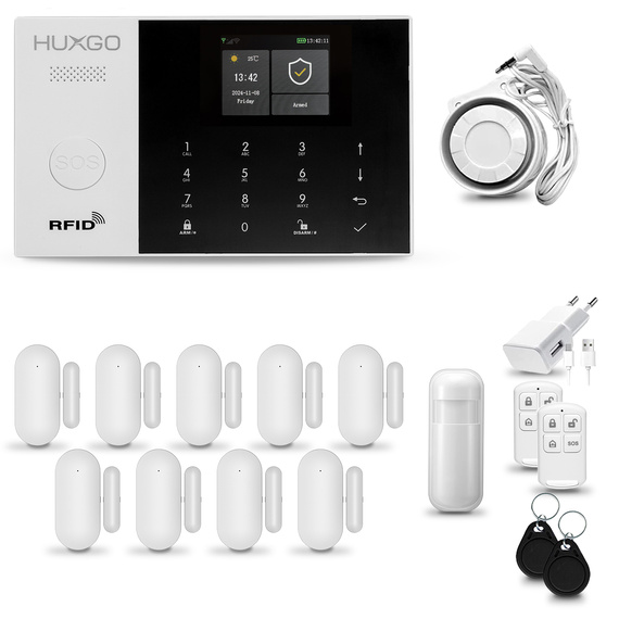 HUXGO® HXA005 - Funk Alarmanlage System WiFi + GSM 4G LTE mit 1x Bewegungsmelder PIR & 9x Fenster und Türsensor sensor | Kabellose Alarmanlage SET mit TUYA App