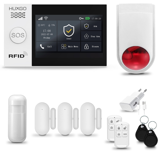HUXGO® HXA007 - Wireless security system WiFi + GSM with 1x Motion Detector & 3x Door / window sensor with Wireless Siren | Home Alarm System SET with App TUYA