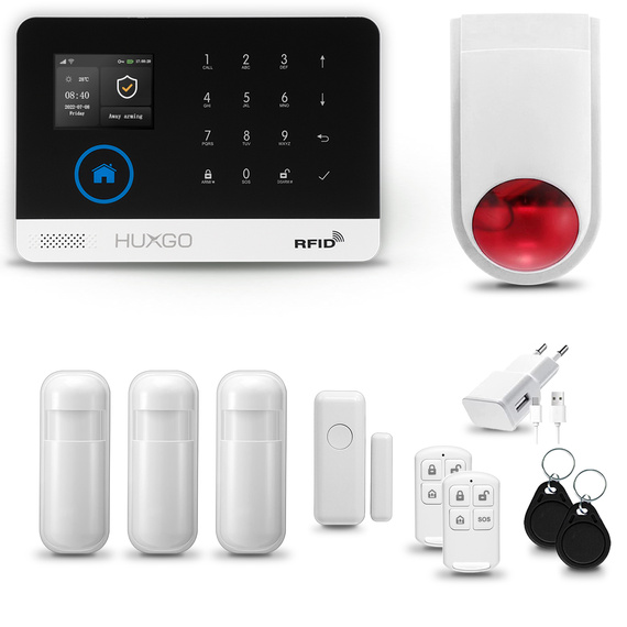 HUXGO® HXA003 - Sistema di allarme wireless WiFi + GSM con 3x Rilevatore di movimento & 1x Sensore per porte e finestre con Sirena senza fili | Allarme casa senza fili Kit con app TUYA