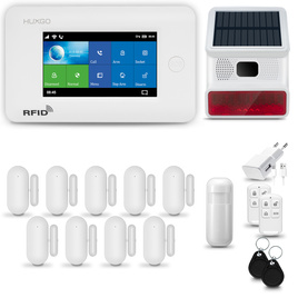 HUXGO® HXA006 - Sistema de seguridad inalámbrico WiFi + GSM 4G con 1x detector de movimiento y 9x sensor para puerta / ventana con sirena inalámbrica | Kit de sistema de alarma para el hogar con App TUYA