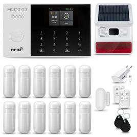 HUXGO® HXA005 - Sistema de seguridad inalámbrico WiFi + GSM con 12x detector de movimiento y 1x sensor para puerta / ventana con sirena inalámbrica | Kit de sistema de alarma para el hogar con App TUYA