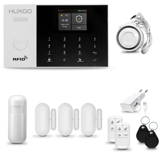 HUXGO® HXA005 - Système de sécurité sans fil Wi-Fi + GSM avec 1x Détecteur de Mouvement & 3x Détecteur pour porte et fenêtre |  Système d'alarme domestique avec l'application TUYA