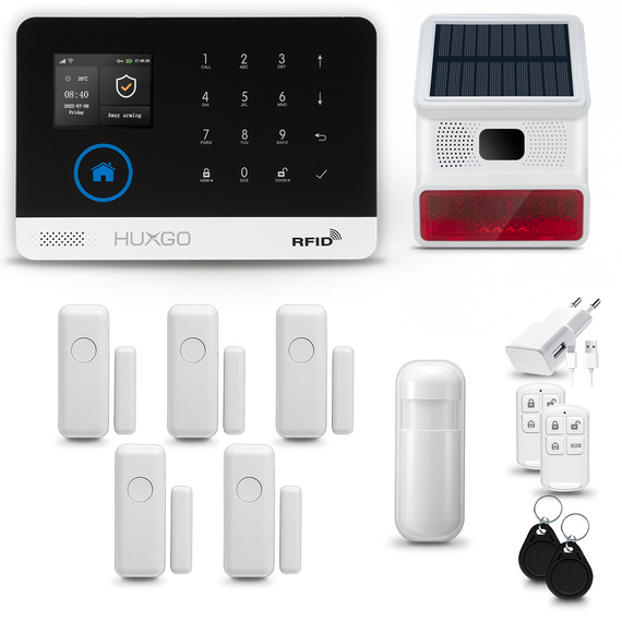 HUXGO® HXA003 - Funk Alarmanlage System WiFi + GSM 4G LTE mit 1x Bewegungsmelder PIR & 5x Fenster und Türsensor sensor mit Drahtlose Alarmsirene | Kabellose Alarmanlage SET mit TUYA App
