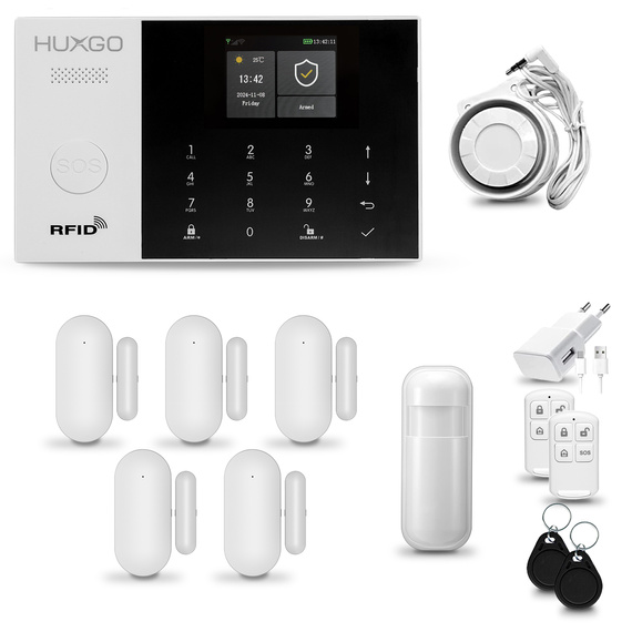 HUXGO® HXA005 - Sistema di allarme wireless WiFi + GSM con 1x Rilevatore di movimento & 5x Sensore per porte e finestre | Allarme casa senza fili Kit con app TUYA
