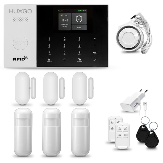 HUXGO® HXA005 - Sistema de seguridad inalámbrico WiFi + GSM con 3x detector de movimiento y 3x sensor para puerta / ventana | KIT de sistema de alarma para el hogar con App TUYA