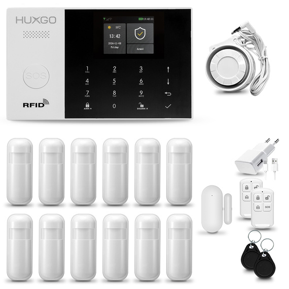 HUXGO® HXA005 - Sistema di allarme wireless WiFi + GSM con 12x Rilevatore di movimento & 1x Sensore per porte e finestre | Allarme casa senza fili Kit con app TUYA