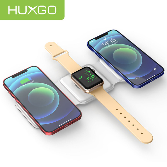 HUXGO® Estación de carga Mag-Safe para teléfono móvil, iPhone y reloj inteligente, cargador inalámbrico, magnética plegable 3 en 1, estación de carga portátil con protección contra sobrecarga - BY-MF82_W Blanco